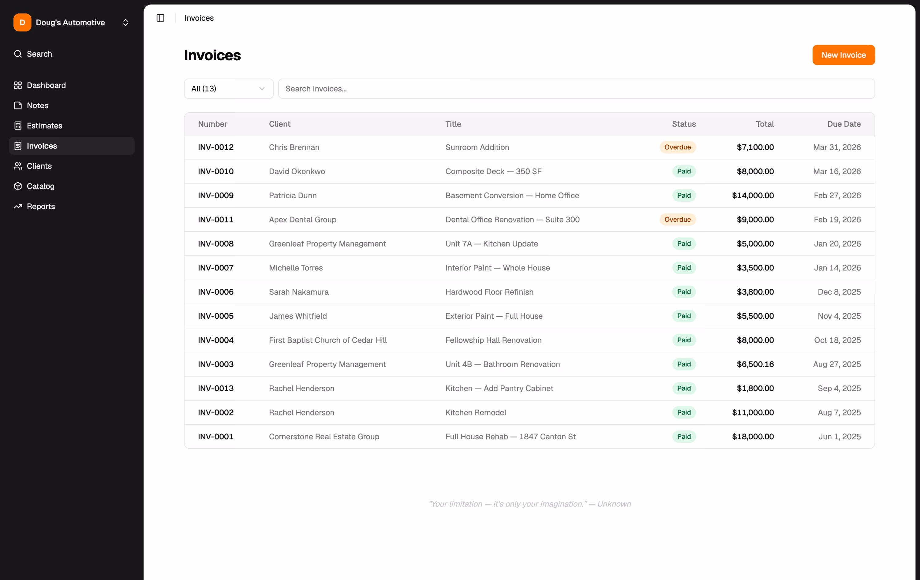 Jobkore invoices list with status badges and totals