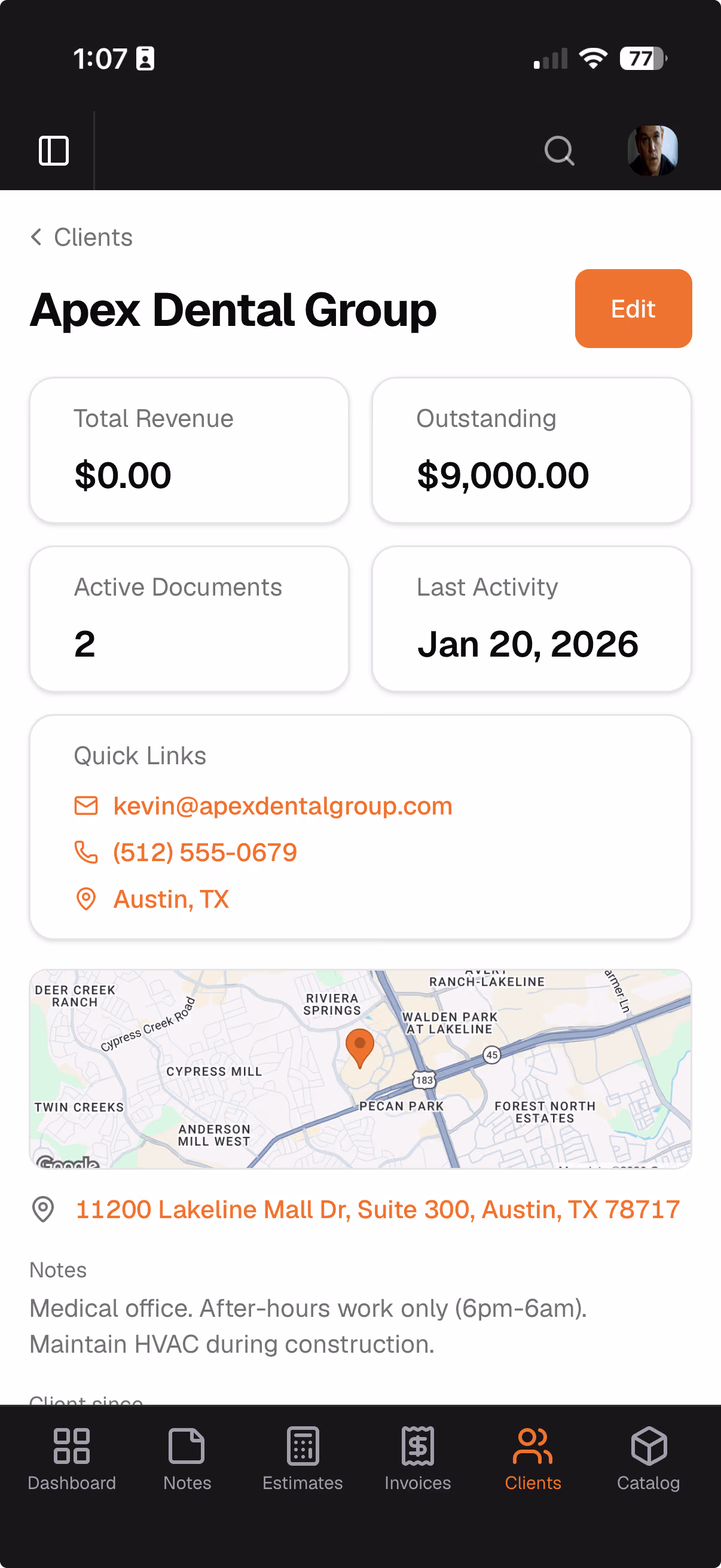 Client detail on mobile with map, stats, and notes