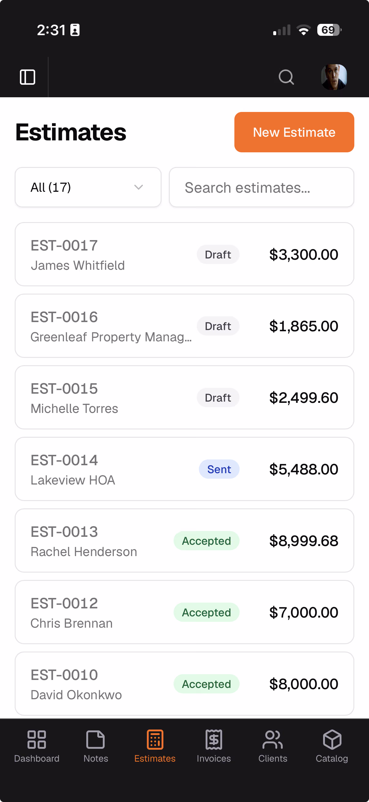 Jobkore estimates list on mobile with status badges and totals