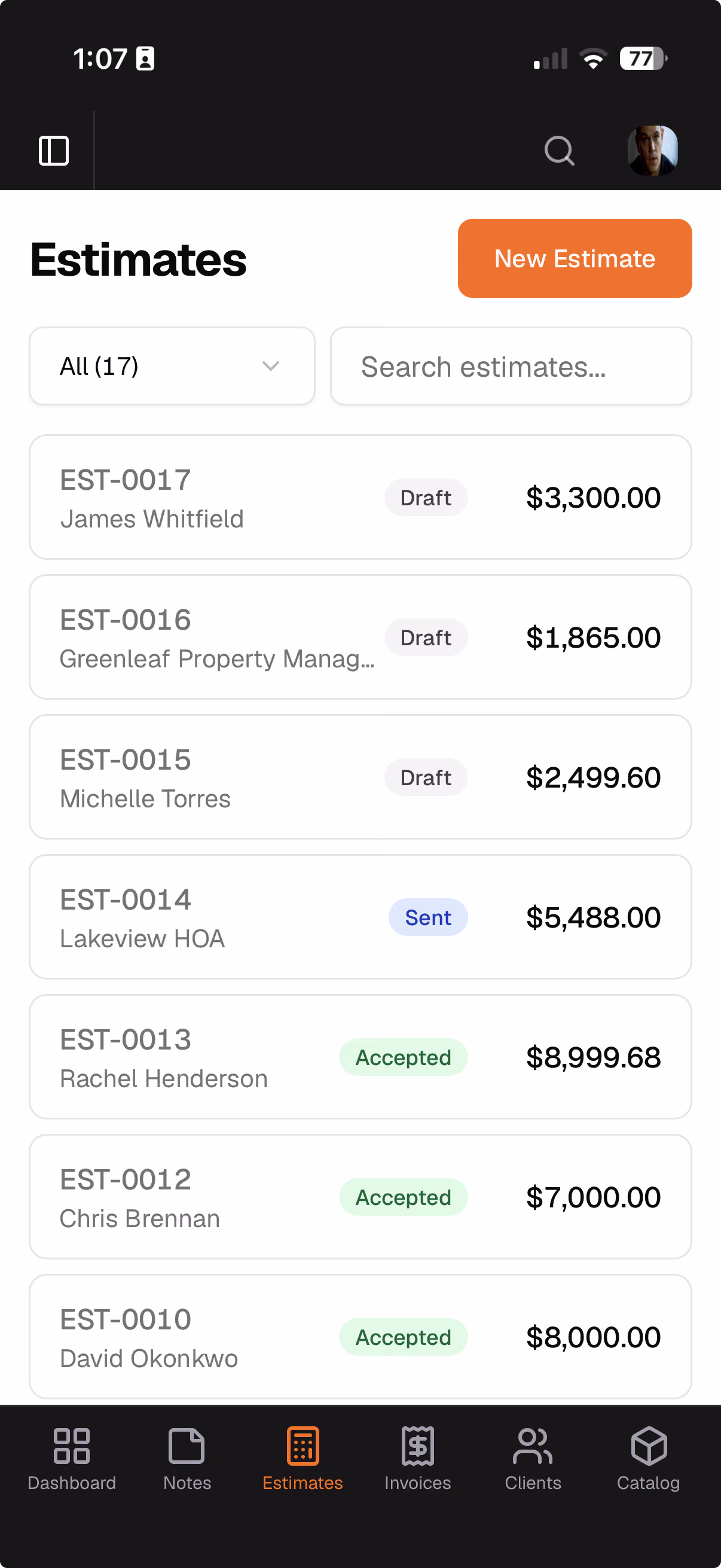 Estimates list on mobile with status badges and totals