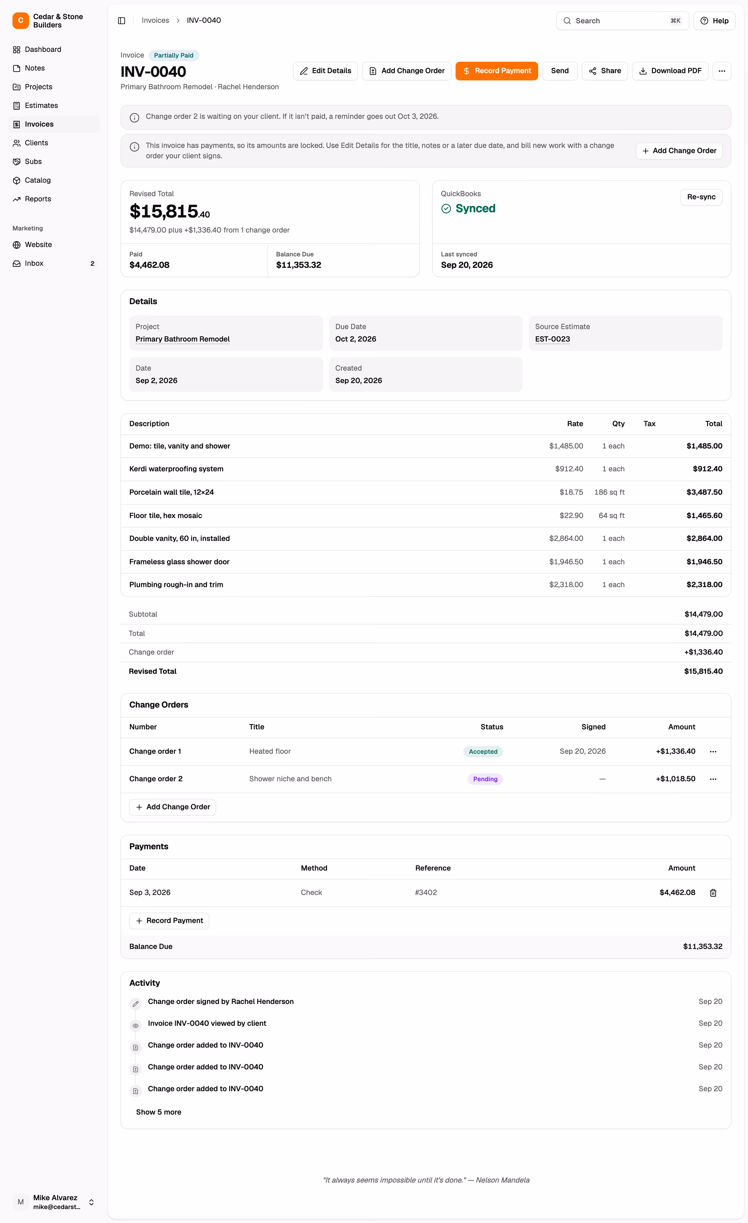 A partly paid Jobkore invoice for a primary bathroom remodel: made from estimate EST-0023, a $15,815.40 revised total after one signed change order, $4,462.08 paid by check, $11,353.32 balance due, a second change order waiting on the client, QuickBooks synced, and the activity log.